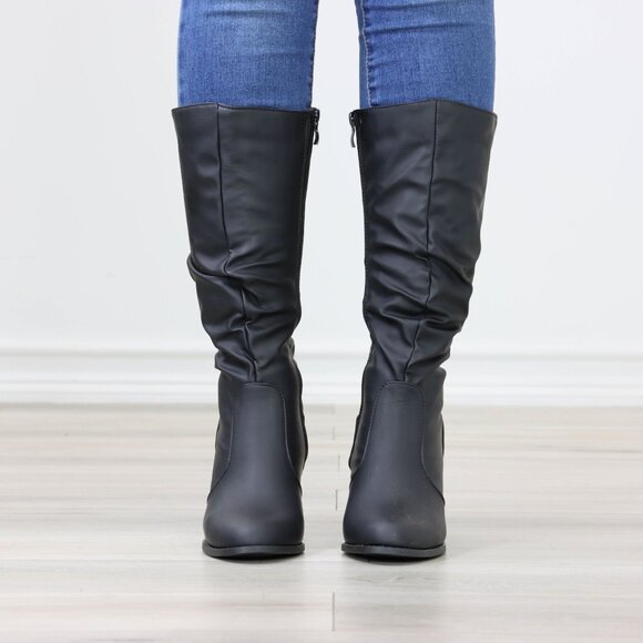 Black Mid Calf Heeled Boots Synthetic Leather Pointed Toe Womens - Picture 12 of 15